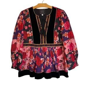 Johnny Was Jade Kimmy Smocked Floral-Print Peasant Top Embroidered Velvet Trim L